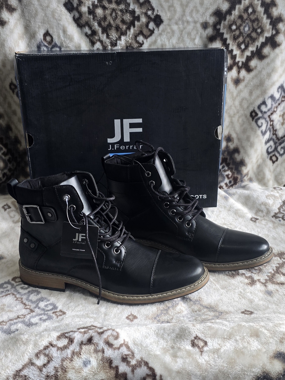 jf j.ferrar Men's Black Lace-Up Leather Boots Size 9.5